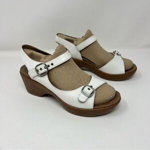 Dansko White Leather Buckle Slingback Sandals with Wood-Look Heel